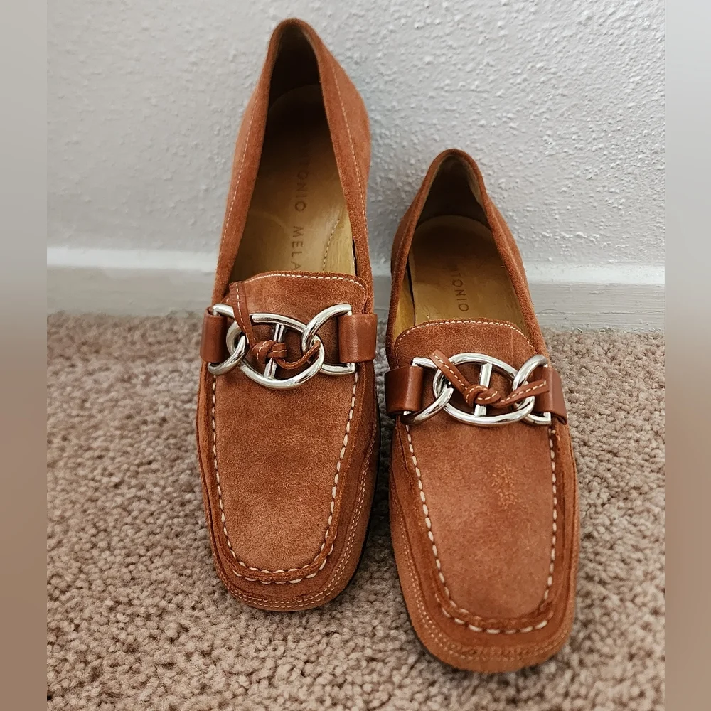Suede Leather Loafers  sz 7.5 Antomio Melani Silver Buckle - Picture 2 of 5